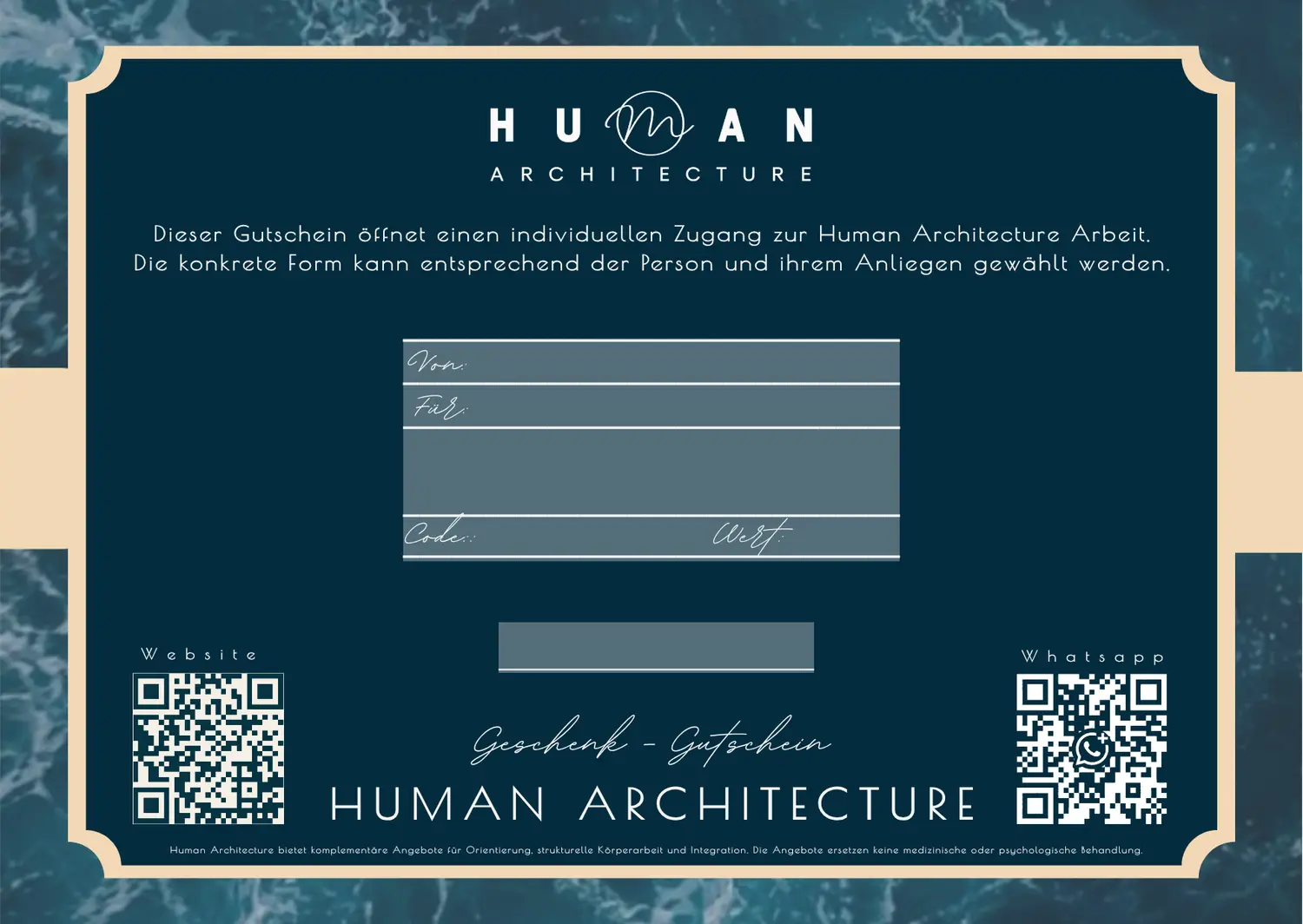 Rückseite des Human Architecture Gutscheins mit Feldern für Wert, Name und Gültigkeit